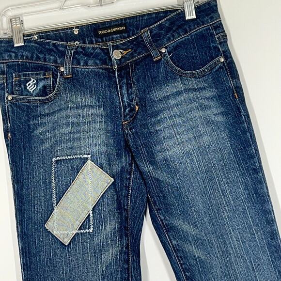 Rocawear Bootcut Jeans Womens 3 Blue Patchwork Denim Rhinestones Classic Retro - Picture 2 of 9